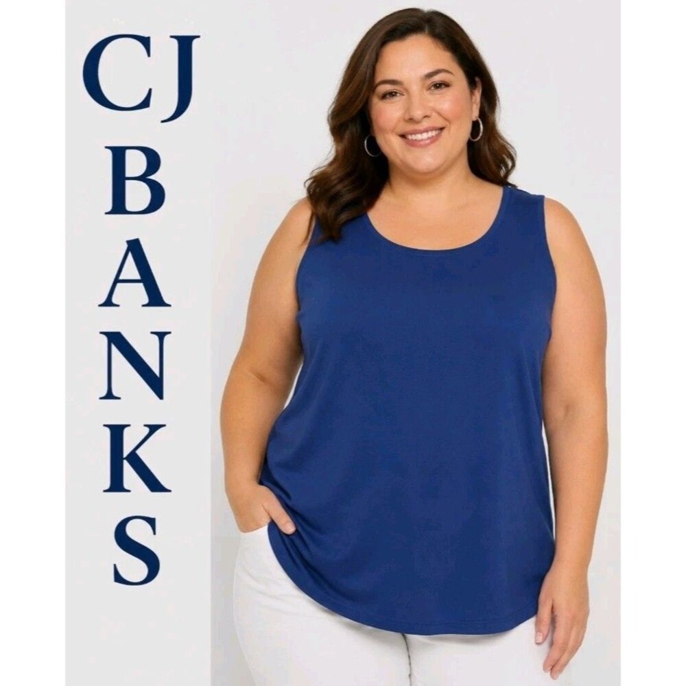 NWT CJ Banks Womens 24/26W Minimalist 100% Cotton Solid Blue Sleeveless Tank Top